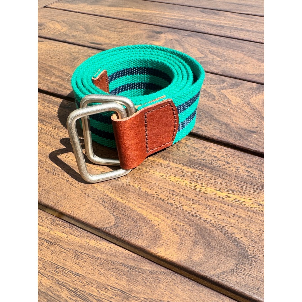 J. Crew Mens Green Navy Blue Striped Canvas Belt Leather Trim D-Ring Buckle